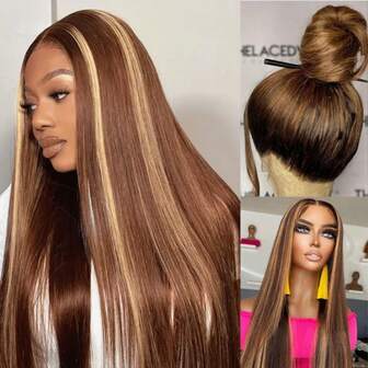 ZHENDEFA 360° Full Lace Front Wig, Human Hair Wig, Invisible Straps, Straight Hair, 4/27 Ombre Highlights, High Definition Transparent Lace Front Wig, Pre-Plucked, With Drawstring, No Glue Required, Women Wig