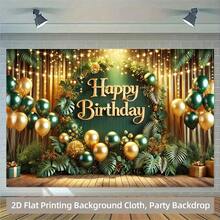 1件生日快乐背景横幅，涤纶材质，深绿色和金色生日主题，带有森林热带植物和礼盒装饰，适用于生日、庆祝派对、家庭客厅、卧室、办公室、户外派对和节日礼物、户外聚会、庆祝活动装饰、主题装饰、生日用品。 - 彩色 - 查看 9