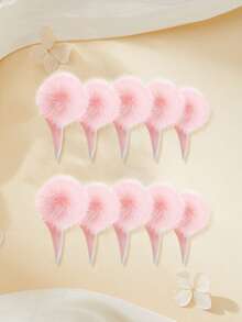 10片可爱亚克力尖头按压式美甲贴纸，DIY毛绒球装饰假指甲套装，适合女孩和女士，XXL/XXXL码，适合日常佩戴和节日派对装饰礼品 - 粉色 - 查看 1