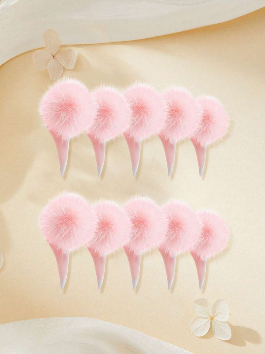 10片可爱亚克力尖头按压式美甲贴纸，DIY毛绒球装饰假指甲套装，适合女孩和女士，XXL/XXXL码，适合日常佩戴和节日派对装饰礼品 - 粉色 - 查看 1
