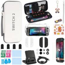 Kit de accesorios para el modelo 2 de NintendoSwitch, incluye estuche de transporte, paquetes de alcohol, paño libre de polvo, pegatinas, llavero, estent, caja de tarjetas, pegamento libre de polvo, bolsa, manga de dedos, manga de control remoto multicolor, protector de Joy-Con, estuche de trasfondo transparente, manga de asa transparente, línea de datos, película templada - Blanco - Ver 2