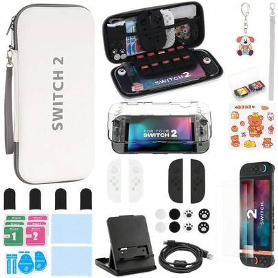 Kit de accesorios para el modelo 2 de NintendoSwitch, incluye estuche de transporte, paquetes de alcohol, paño libre de polvo, pegatinas, llavero, estent, caja de tarjetas, pegamento libre de polvo, bolsa, manga de dedos, manga de control remoto multicolor, protector de Joy-Con, estuche de trasfondo transparente, manga de asa transparente, línea de datos, película templada