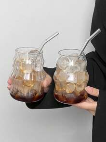 1个/4个 530毫升/18.65盎司 云纹玻璃杯，不对称造型饮用玻璃杯，带吸管咖啡杯，带吸管波纹玻璃杯，波浪形透明玻璃水杯，罗纹玻璃饮用玻璃杯，波浪形鸡尾酒杯 - 彩色 - 查看 4