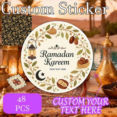 48 pegatinas personalizadas Eid Mubarak, recuerdos de fiesta musulmana de 4.57cm, etiquetas de regalo de Ramadán, calcomanías de celebración islámica personalizadas