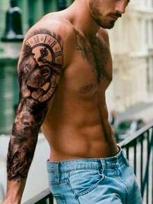 1 Sheet Large-Size Body Art Temporary Tattoo Sticker Suitable For Women Or Men, Lion, Wolf, And Clock Patterns Full Arm/Sleeve Tattoos. Waterproof Fake Tattoo, Lasting 2-5 Days. Can Be Used On The Arms, Back, And Legs. Perfect For Holidays, Parties, And Halloween. - Black - View 2