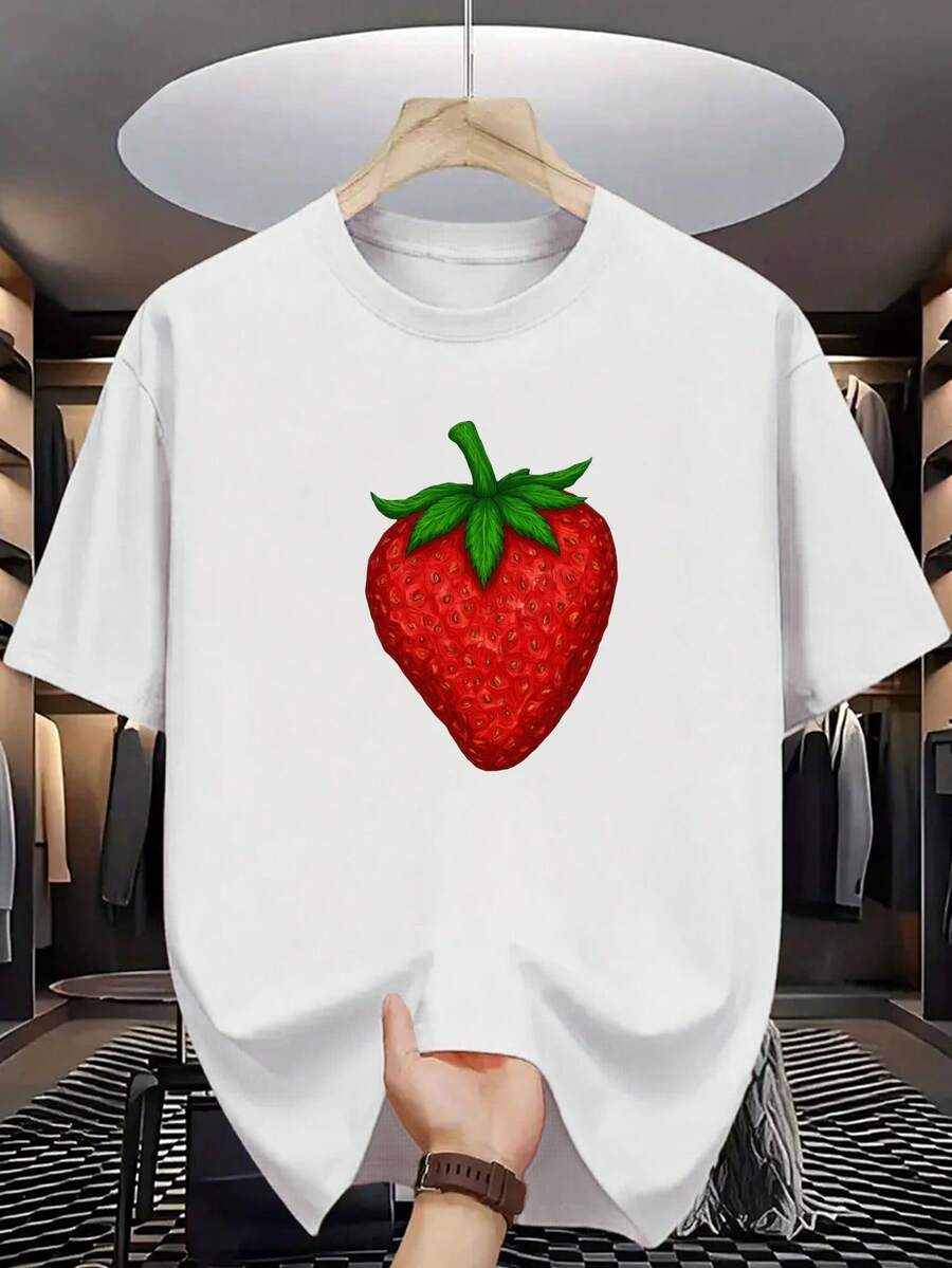 Camiseta de Algodón 100% para Hombre - Manga Corta, Cuello Redondo, Estampado Digital, Cómoda para Todas las Estaciones, Lavable a Máquina, Ideal para Salidas Diarias, Cuello Redondo, Diseño Circular, Camiseta Casual de Verano T-shirt Vibrant abstract art featuring a neon green and yellow zigzag line with a colorful rainbow circle on - Blanco - Ver 1