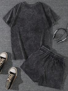 Women's Fashion Custom Patterned Prints, Customizable Text, Personalized Back With Custom Photos/Designs, Retro Distressed Washed Finish T-Shirt And Shorts Sets, Women's Street Style Casual Fashion Sets. - Black - View 4