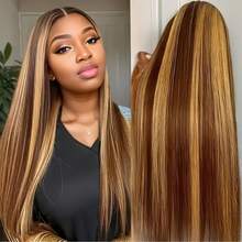 30/32英寸蜜金色13x6高清蕾丝前额假发，真人发，200%密度，13x6水波纹渐变蕾丝前额假发，巴西真人发，无胶挑染蜜金色假发，预先拔毛，带婴儿发，耐热纤维合成假发，女士款 - S4/27 - 查看 3