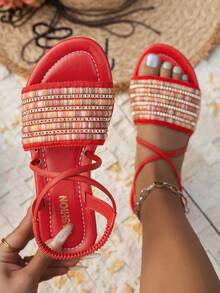 Sandal nữ phong cách Bohemian đi biển, quai thun, chất liệu vải dệt, quai chéo trang trí kim loại, đế bằng, hở mũi, màu trơn, thời trang, thanh lịch, thoải mái, sang trọng cho mùa xuân/hè. - Đỏ - Xem 3