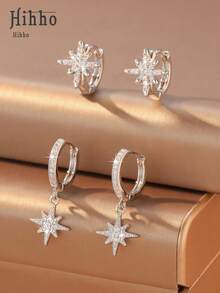 Hihho 4pcs/Set 8-Pointed Star Earrings, Creative Snowflake Cubic Zirconia Copper Earring Set, Geometric Design Copper Jewelry For Women - Silver - View 2