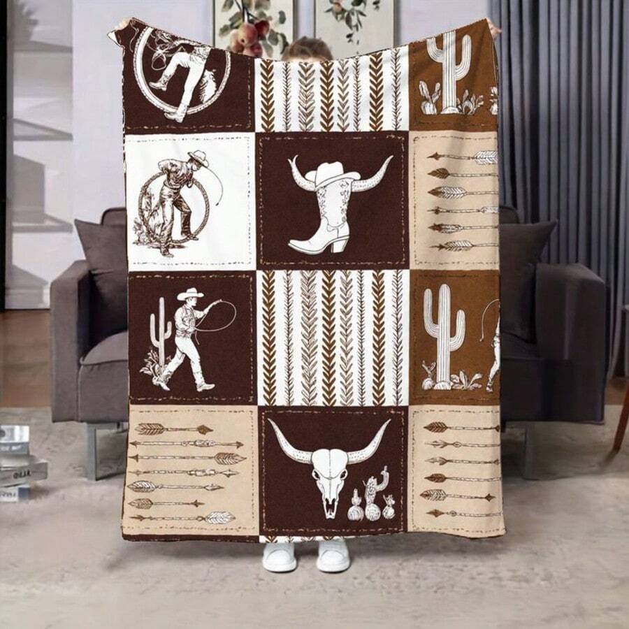 Retro Western Cowboy Theme, Cowboy Boots, Cowboy Hats, Cacti, Feather Design Patterns, Modern Home Style,Super Soft Flannel Printed  Blanket,As Birthday Gifts, Family, Wedding, Souvenir Blankets, Polyester Blankets Suitable For All Seasons, Washable, Machine Washable, Lightweight, Breathable, Comfortable, Warm, Unique, 280gsm For Him, Her Personalized Ideal Gifts For Her, Him, Family, Boyfriend, Girlfriend, Father, Family, Mother, Lover, Daughter, Son, Grandfather, Grandmother, Teacher,Doctor, Nurse,Friend, Classmate, Pet.Perfect Nap, Camping, Travel, Home, Daily Life, Office Decoration, Birthday, Anniversary, Valentine's Day, Thanksgiving, Graduation Season,Christmas, Halloween, Mother's Day, Father's Day, Wedding, New Year Gifts ,Sofa,Bed,Car,Bedroom,Living Room,Office,  Outdoor Camping, Beach,Wall Decoration - Nhiều màu 23 - Xem 1