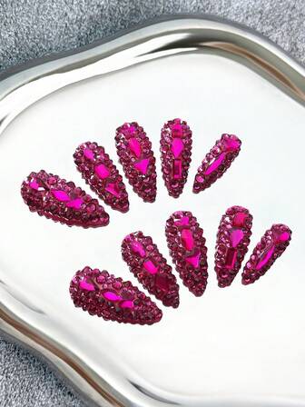 Y2K Almond Nails Handmade Press-On Nails With Transparent Tips, Hot Pink Rhinestones & Sparkling Full-Coverage 3D Designs - Full Cover DIY Glitter Artificial Nails, False Nails For Parties, Outdoor, Beach, Daily, Holidays, Gatherings, Work & Special Events - 10 Pieces/Bag