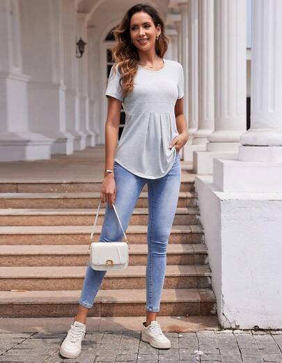 Top Premamá para Mujer Camisetas de Embarazo con Pliegue Delantero Peplum Camisa Premamá con Manga Corta y Volantes