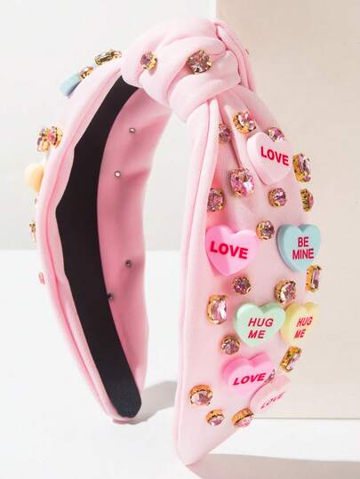 1 pieza Diadema con elemento de Día de San Valentín de unicolor, diadema ancha con nudo en forma de corazón y letra, elegante y lujosa, adecuada para que las mujeres la usen en fiestas y galas, accesorio para el cabello, regalo de accesorios para el Día de San Valentín