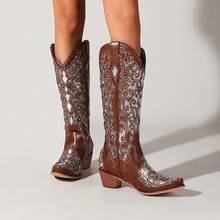 Women's Cowboy Boots, Western Cowboy Boots, Black Embroidered High Boots, Chunky Heel Pointed Toe Boots, Sparkly Rhinestone Wedding Boots, Fashionable Retro Party Boots - 棕色 - 查看 3