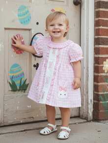 Toddler Baby Girl Easter Dress A Line Bunny Embroidered Plaid Ruffled Trim Crew Neck Short Sleeve Dress - Pink - View 5