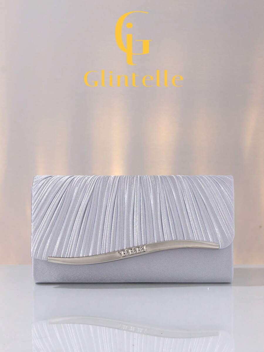 Glintelle 1pc Silver Fashion Korean Style Women's Metal Edged Elegant Evening Bag With Magnetic Closure, Shoulder Bag & Clutch - Silver - View 1