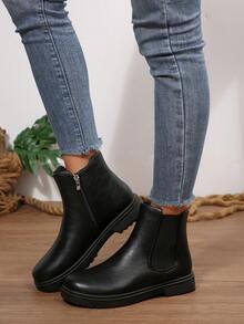 Giày bốt Chelsea cổ thấp nữ thời trang, thoải mái, đa năng, màu trơn, mũi tròn, co giãn, kiểu dáng slip-on, thích hợp cho mùa Thu/Đông. - màu đen - Xem 4