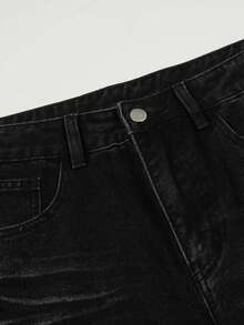1pc Justice Brother Korean Streetwear Brand Personalized Design Embroidered Black Denim Jeans, Loose Fit Comfortable Wide Leg Pants, Versatile All Season Washed Trousers (Belt And Accessories Not Included) - Black - View 7