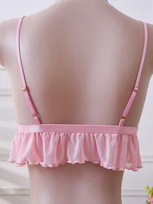 春夏秋冬万圣节圣诞节情人节平安夜感恩节粉色刺绣花卉内衣套装薄纱荷叶边印花吊带蕾丝性感内衣性感内衣异域风情睡衣套装文胸内裤套装粉色短裤套装 - 粉色 - 查看 6