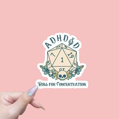 ADHD & D&D 专注力骰子贴纸 - 20周年纪念设计，骷髅头和骰子图案，完美适用于子弹笔记、计划本、笔记本电脑、水瓶、手机壳等，笔记本配件 | 骷髅头图案 | 乙烯基贴纸，配件
