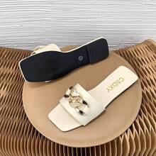 Sandalias planas para mujer Sandalias planas informales para mujer Nuevas sandalias planas con cadena metálica para verano Sandalias de moda con punta abierta y cadena metálica Sandalias planas con punta cuadrada en varios colores Sandalias de tiras para vacaciones de primavera/verano en la playa Calzado de playa para mujer - Blanco - Ver 4
