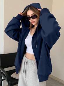 Sweatshirt Wanita Terbaru dengan Resleting Depan dan Bahu Longgar, Desain Modis Ukuran Besar, Tali Serut, Sweatshirt Berkerudung Lengan Panjang Warna Polos, Jaket Olahraga Kasual Musim Gugur/Dingin, Cocok untuk Aktivitas Santai & Olahraga di Luar Ruangan - Navy Blue - View 3