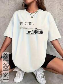 F1赛车印花宽松T恤，女士款，休闲夏季款 - 白色 - 查看 3