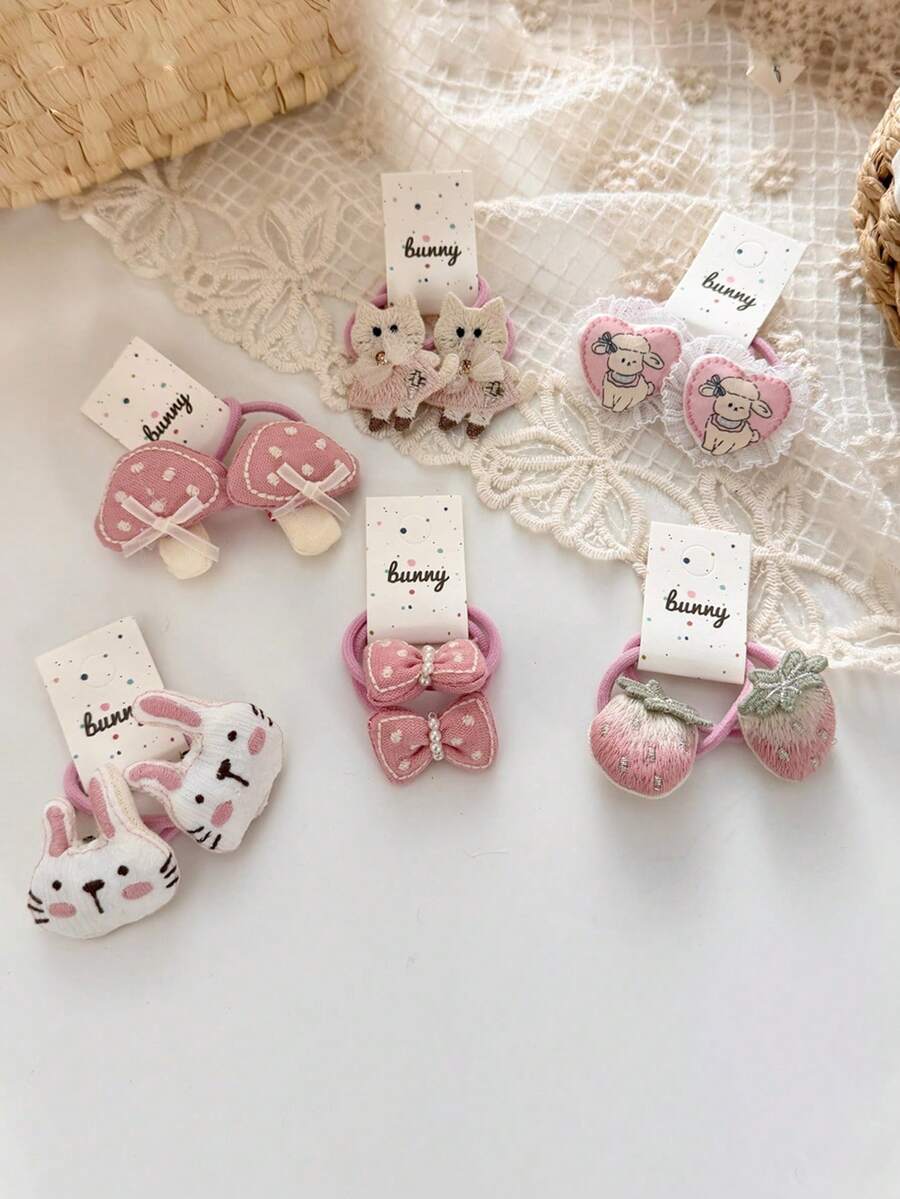 2pcs/Set Cartoon Mushroom Hair Scrunchies, Spring Pink Embroidered Cartoon Hair Clips Headbands Mushroom Hair Ties, Sweet & Cute For Girls - Multicolor - View 1