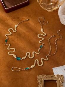 2pcs Exaggerated Fashion High-End Snake & Dark Green Faux Gemstone Necklace & Finger Chain Set, Exotic Mysterious Luxury Jewelry Set, Perfect Gift For Girlfriend, Best Friend, Mother, Suitable For Daily Commute, Parties, Fashion Shoots, Banquets, Vacations - Yellow Gold - View 3
