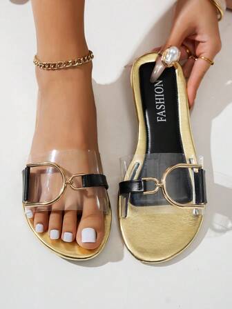 1 par dammode med spänne och öppen tå, platta sandaler i kontrastfärg, lämpliga för strand, hem, utomhus, fest och andra tillfällen