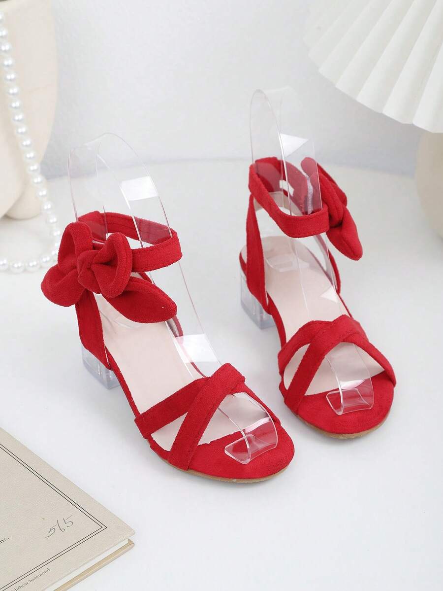 1 Pair Latest Summer Red Bow High Heel Sandals, Suitable For Children. This Multifunctional Style Is An Excellent Choice For Daily Outings, Summer Vacations, And Shopping Malls. They Can Be Easily Paired With Various Outfits, Giving A Casual, Fashionable And Comfortable Feel. Girls Sandals, Children Shoes - Red - View 1