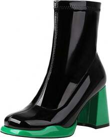 Platform Chunky Heel Ankle Boots Women Square Toe Mid Calf Boots With Side Zippers Party Cosplay Dance Gogo Boots - 綠色 - 查看 12