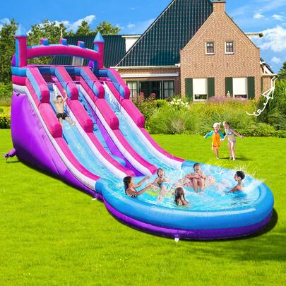 Purple-Pink Castle-Top Inflatable Water Slide With Large Pool, Dry & Wet Dual-Use, Summer Backyard Party Splash Toy(Pink And  Purple) (Oxford Material)