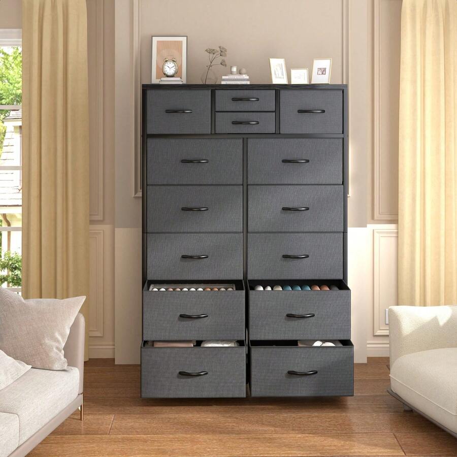 Tall Dresser, Dresser For Bedroom With 14 Drawers, Tall Bedroom Dresser For Bedroom, Large Fabric Dresser With Wood Top And Metal Frame, Mother's Day Decor, Room Decor, Home Decor, Festival Decor - 灰色 - 查看 1