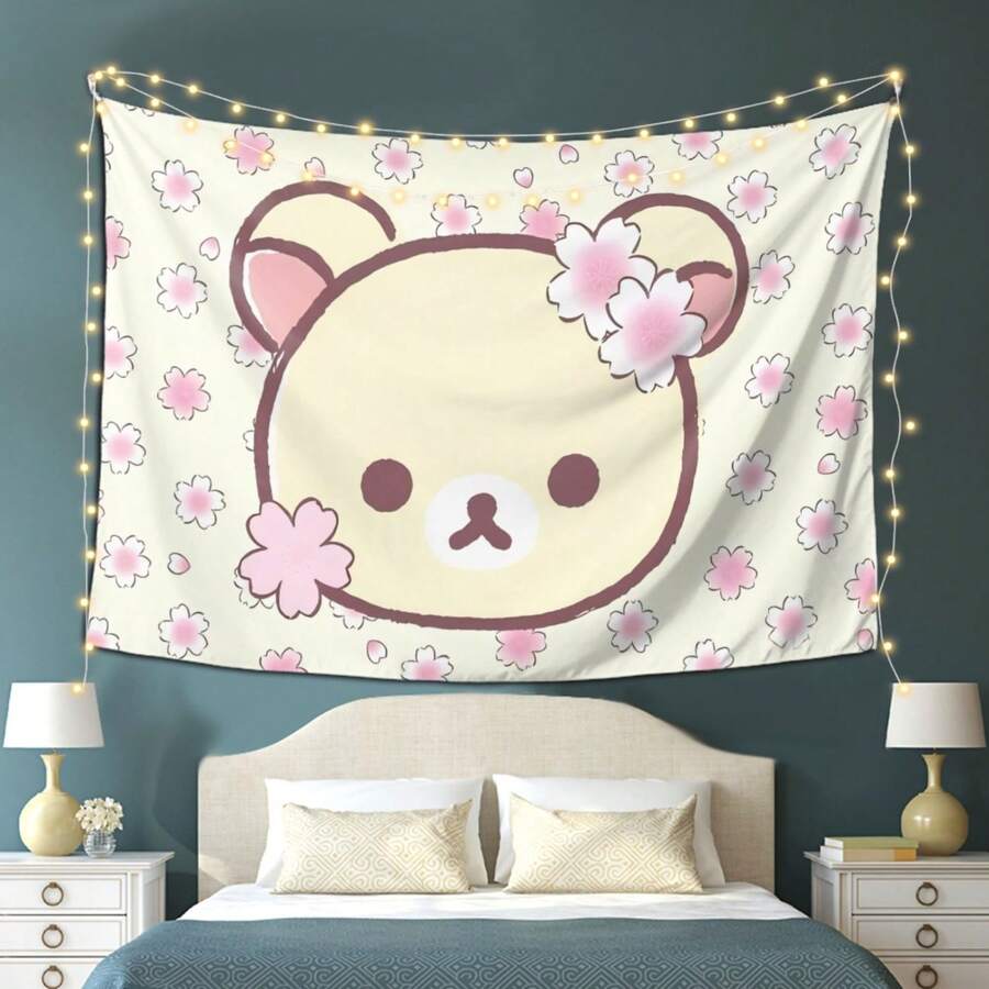 Lightweight And Machine-Washable Rilakkuma Tapestry - Cute Floral Design With Bear Patterns, Perfect For Bedrooms, Living Rooms And Dormitories - No Power Required, Polyester Fabric, Gram /, Bear-Themed Home Decoration - 1PC - 查看 1