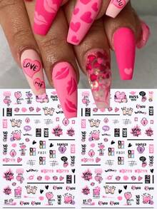 2片可爱粉紫色爱心、嘴唇和玫瑰情人节设计美甲贴纸，自粘式DIY美甲贴花，女士和女孩美甲配件 - 彩色 - 查看 2
