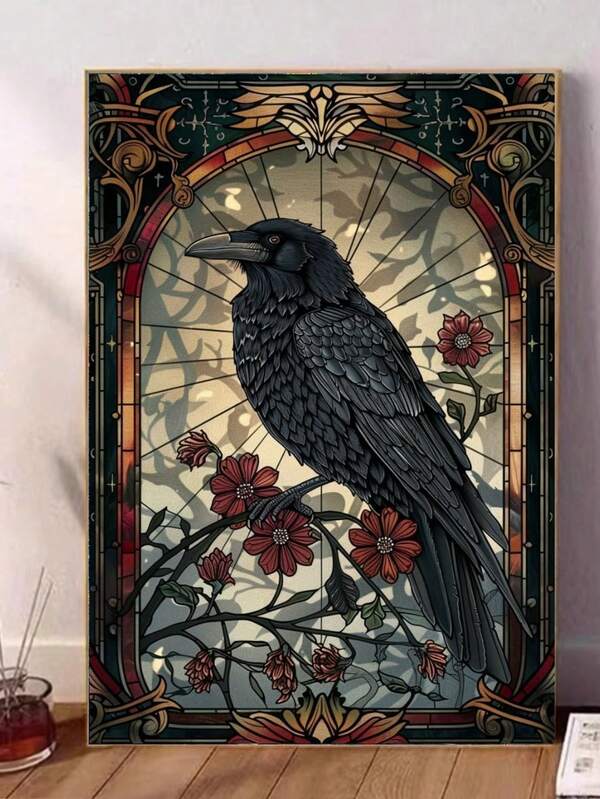 5D Diamond Painting Kit, Gothic Stained Glass Black Crow Red Flowers Mysterious Animal Art , 5D Round Diamond Painting Full Artificial Rhinestone Mosaic Painting Kit, Painting Supplies For Beginners, Handmade DIY Diamond Painting Gemstone Art Home Wall Decor Gift