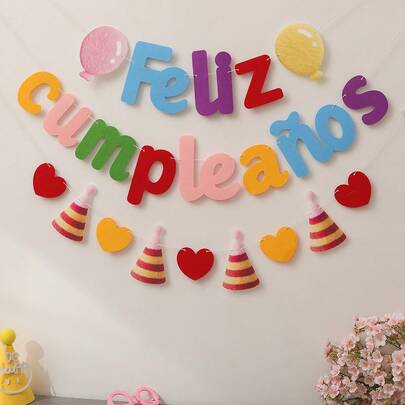 Decoración de pared de banderín colgante con fondo retro colorido rosa y verde que dice "Feliz Cumpleaños"