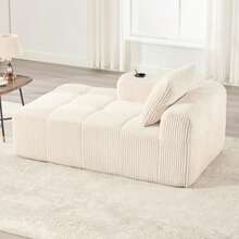 Comfortable Reclining Corduroy Sofa - No Assembly Required, Plush Sofa With Back Cushions, Side Storage Pocket For Remote Control And Mobile Phone, Built-In Cup Holder - Neat And Aesthetic. - 米色 - 查看 6