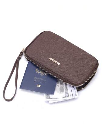 Coffee Color Dirt-Resistant Passport Holder, New High-Quality PU Solid Color Zipper Multi-Function Wrist Strap Small Bag, Travel ID Card Bank Card Storage Pouch, Passport Holder With Long Wrist Strap, Small Handbag For Gift, Party, Daily Commute