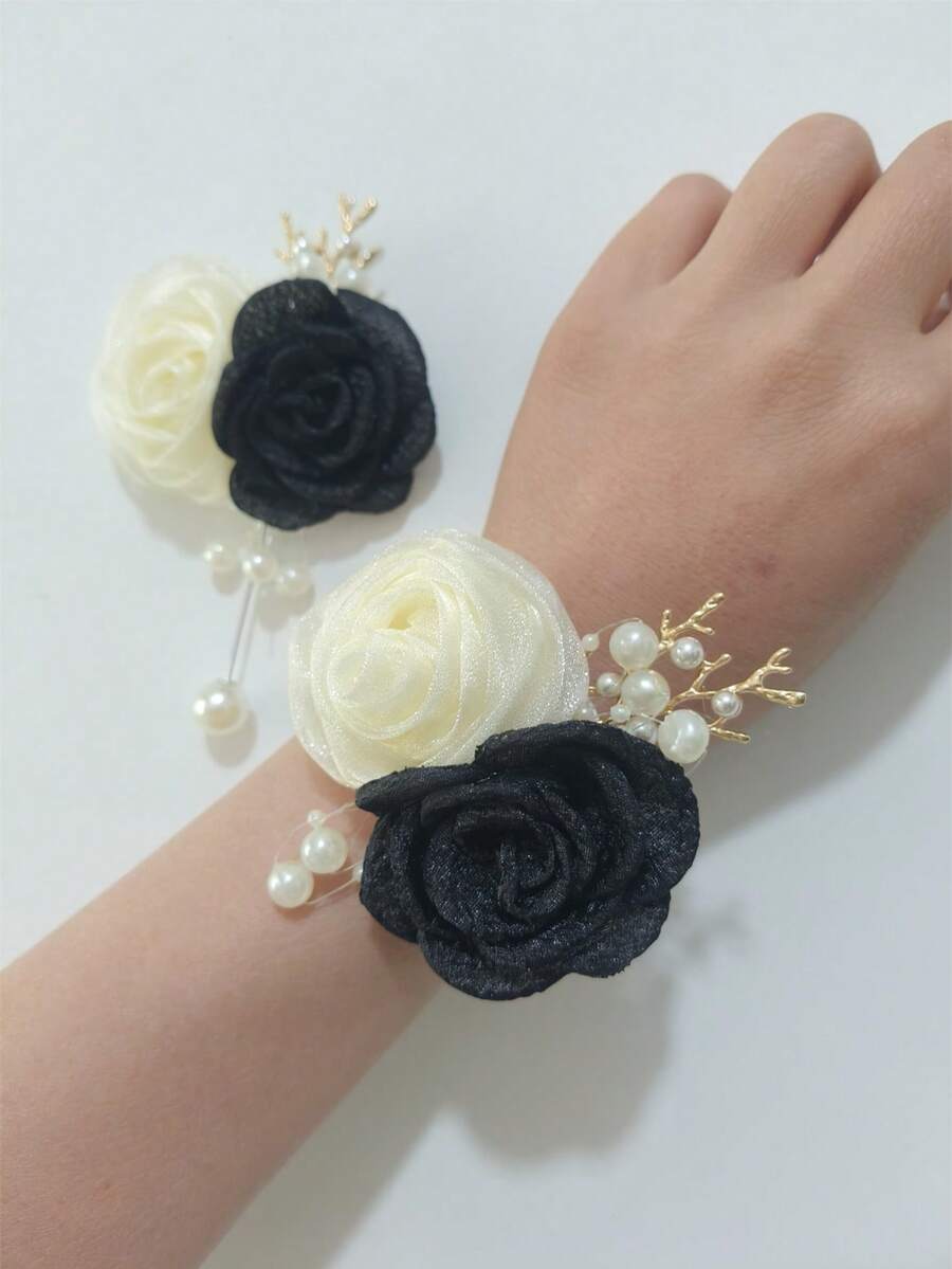 1 hoa cài áo chú rể + 1 hoa cài cổ tay, trang trí hoa màu sâm panh và xanh dương, thanh lịch cho đám cưới, chú rể, cô dâu, phù dâu, tiệc tùng, mặc hàng ngày, ngày Valentine. - 709 - Màu be + Đen - Xem 1