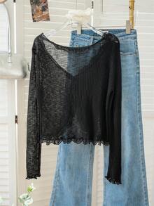 女士可爱蕾丝边V领罩衫毛衣，轻薄夏季披肩外套 - 黑色 - 查看 9