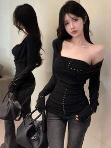 2件套美式性感低领长袖修身铆钉露脐上衣黑色春季款 - 黑色 - 查看 6
