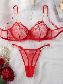 2pcs Women's Sexy Lingerie Set, Red Embroidered Lace Trim With Gold Chain, 3/4 Cup Cutout Design Adjustable Bra And Panty Set - Red - View 8