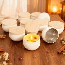 48件/6套完整DIY蜡烛制作套装，包含2.2盎司白色哑光铁罐（带木纹盖） - 6个罐子、6个支架、16根烛芯和20张贴纸 - 无蜡手工材料，适用于香薰蜡烛/清洁燃烧蜡烛，家居装饰收纳容器 - 白色 - 查看 4