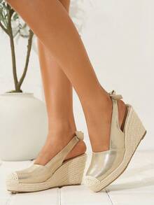 Sandálias plataforma anabela femininas da nova moda 2026, com detalhes vazados em elástico e cores sólidas, perfeitas para viagens. - Champagne - Ver 1