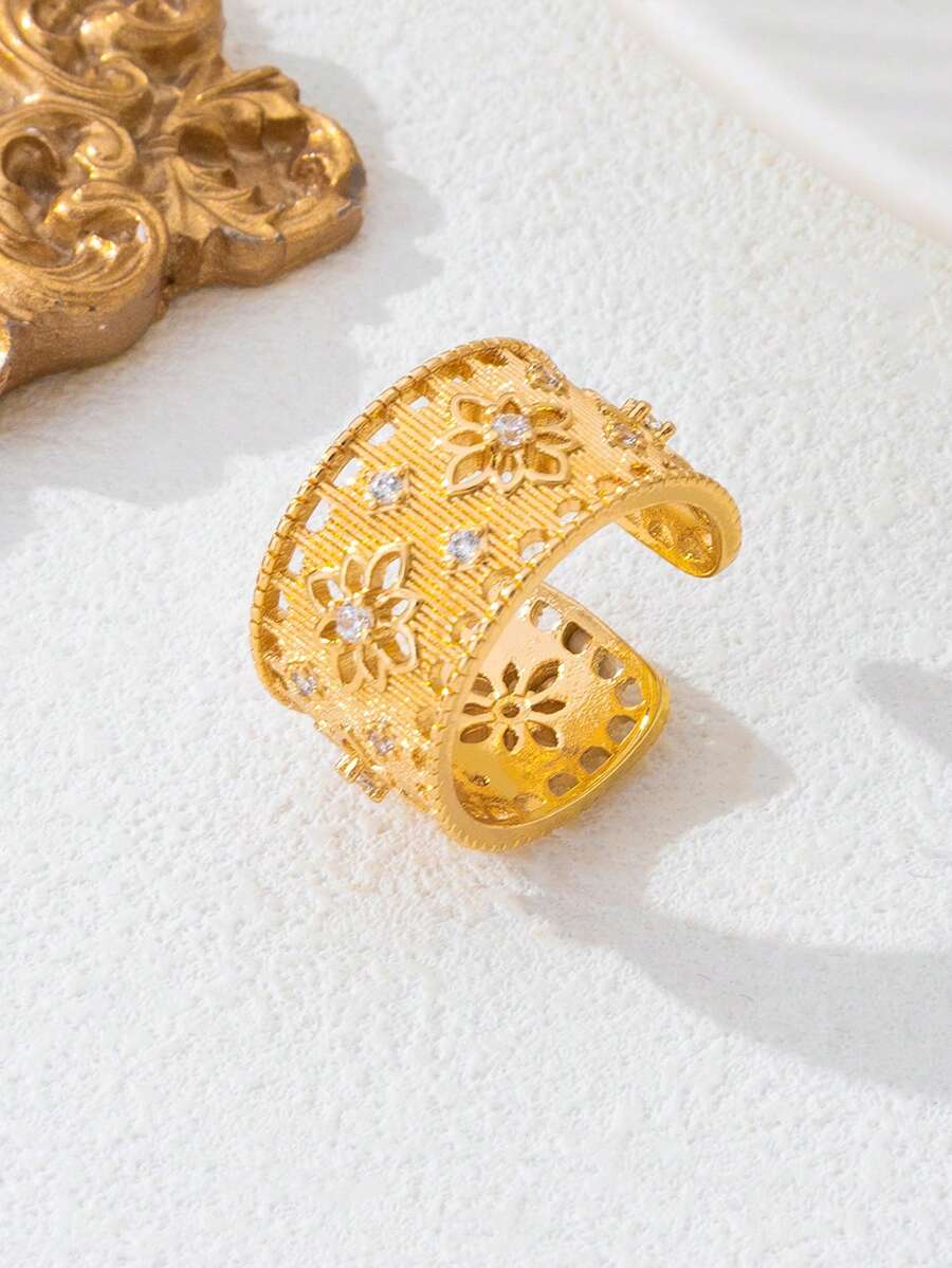 1枚镶嵌立方氧化锆的空心黄铜戒指，奢华精致的珠宝，生日礼物，派对礼品 - 金黃色 - 查看 1