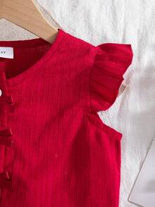 2pcs Girls Casual Solid Color Sleeveless Top With 3D Bow Decor & Button Design, And Elastic Waist Shorts Set, Spring/Summer - Red - View 5