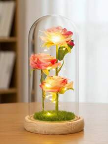 1朵人造玫瑰花，带塑料罩，永不凋谢的花束，情人节创意礼物 - 彩色 - 查看 2